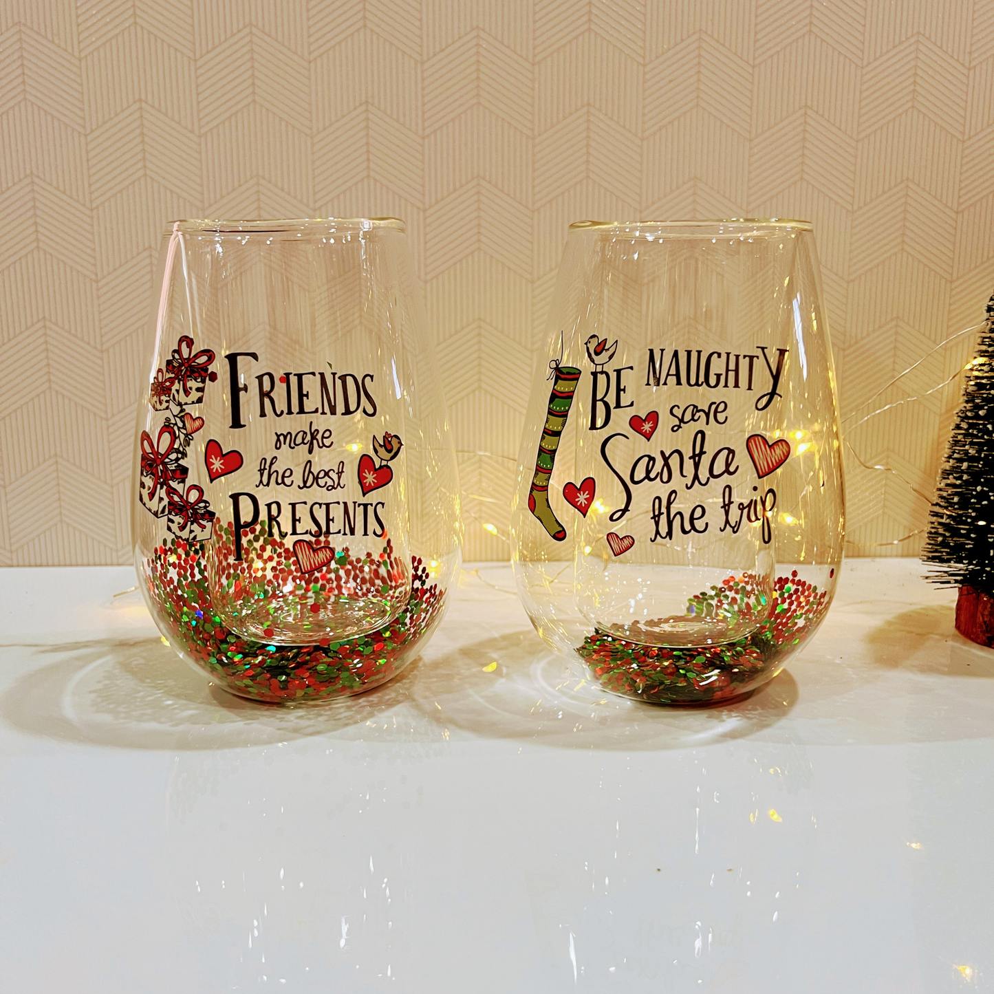 Festive Stemless Holiday Wine Glass